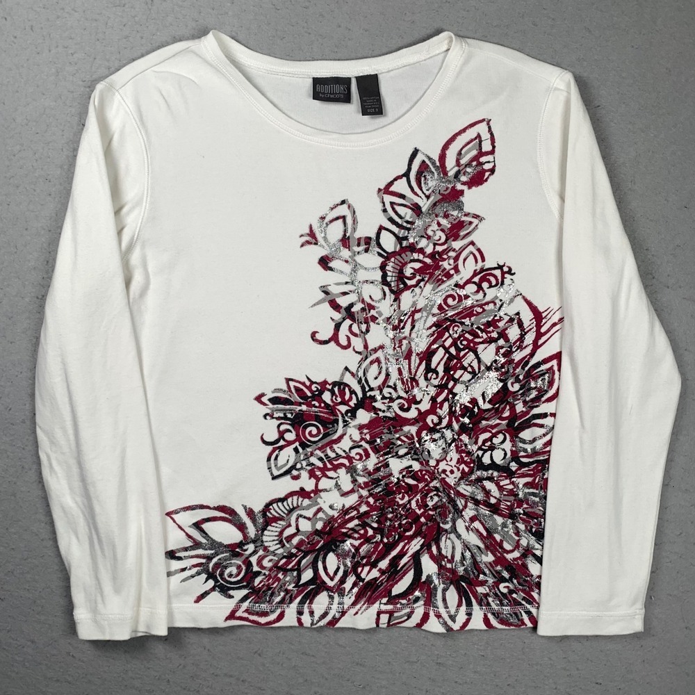 Chico's Additions Shirt Womens 3 White Red Silver Foil Floral Long Sleeve Y2K